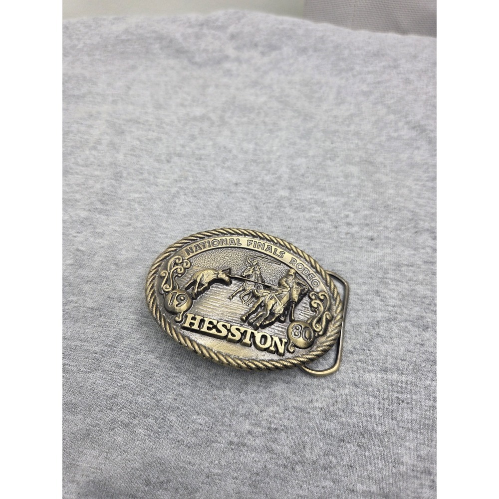 National Finals Rodeo 1980 Hesston Solid Brass Belt Buckle Vintage Western - Picture 5 of 7